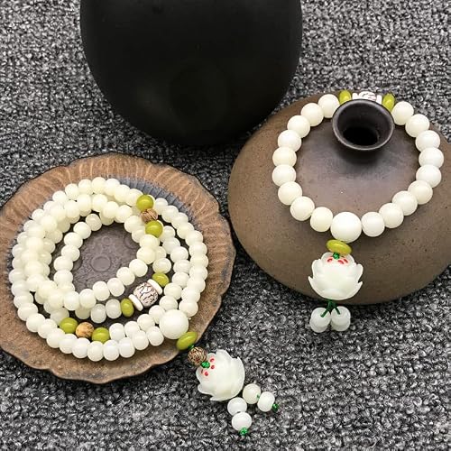 Caiyao White Jade Natural Bodhi Root Lotus bracelet 108 Mala Prayer Mantra Rosary Beads Meditation Lotus Hand String Bracelets Yoga Relieve Stress Anxiety Jewelry for Women Men-Long Layers - Thumbnail 4
