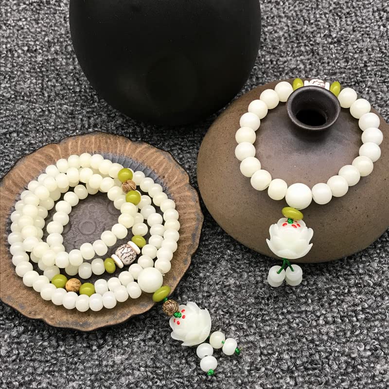Caiyao White Jade Natural Bodhi Root Lotus bracelet 108 Mala Prayer Mantra Rosary Beads Meditation Lotus Hand String Bracelets Yoga Relieve Stress Anxiety Jewelry for Women Men4