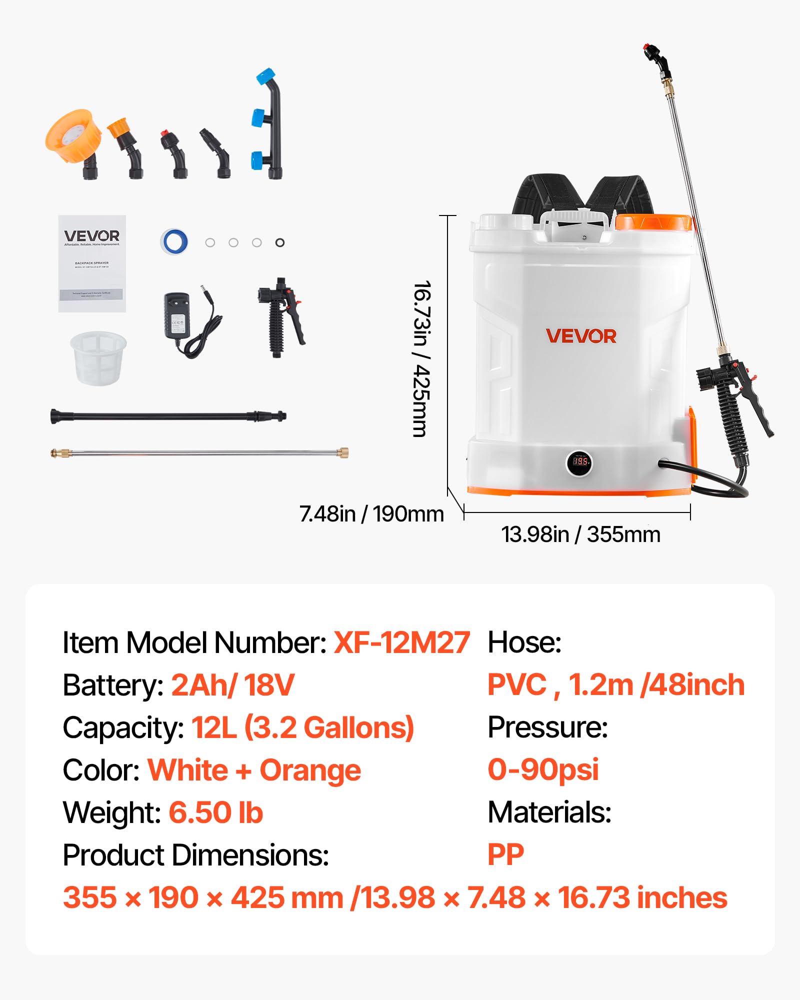 VEVOR Akku-Sprühgerät, 12 L, elektrischer Rücken-Drucksprüher, 2 einziehbare Stäbe und 5 Düsen, einstellbar 0–6 bar, 2 Stunden Laufzeit, tragbarer Pumpsprüher für Hof, Garten und Rasen