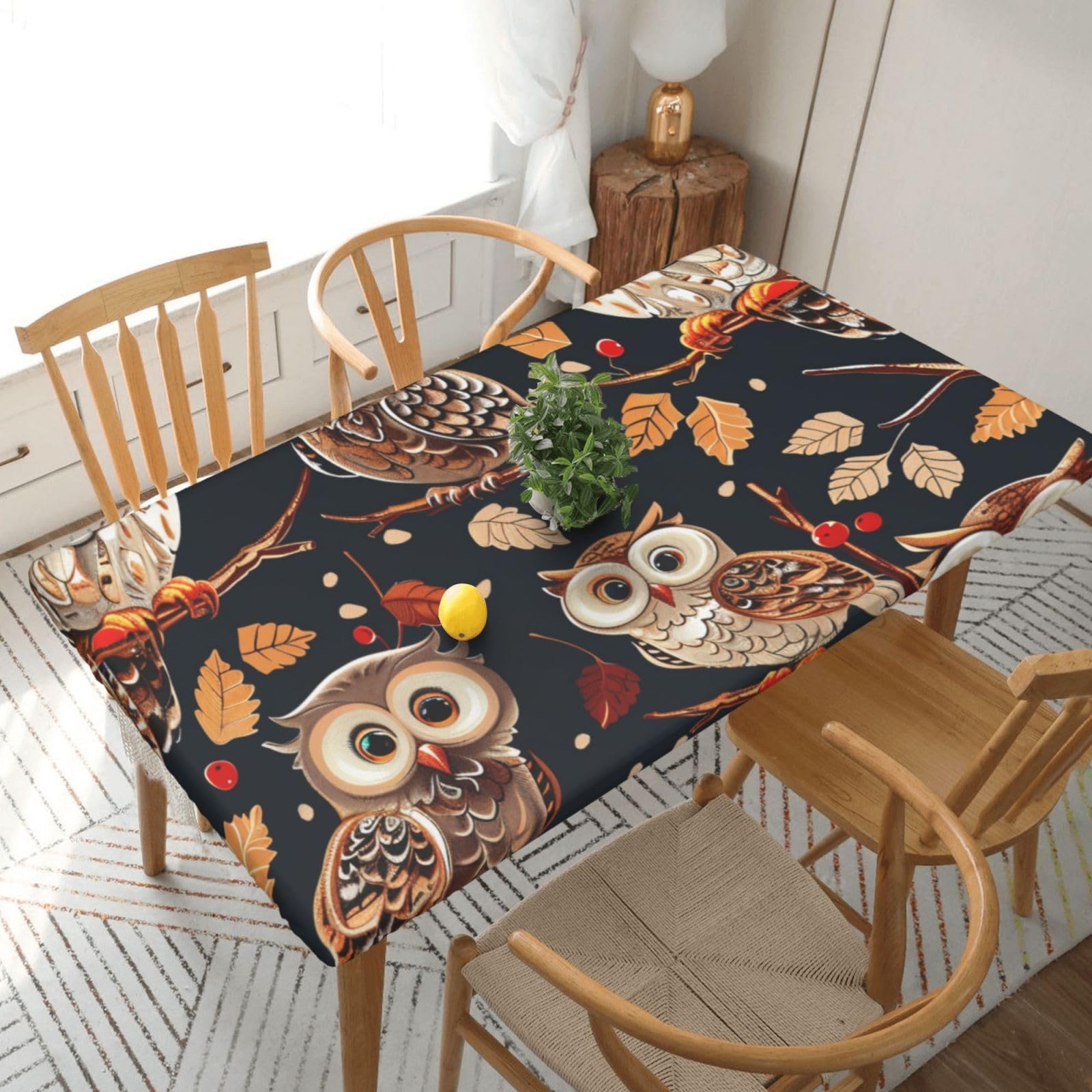 WPKJU Owls on Tree Branche Printed Tablecloths 5ft Rectangular Table Covers Washable Polyester Decorative Table Cloth for Dining Table Picnic Wedding