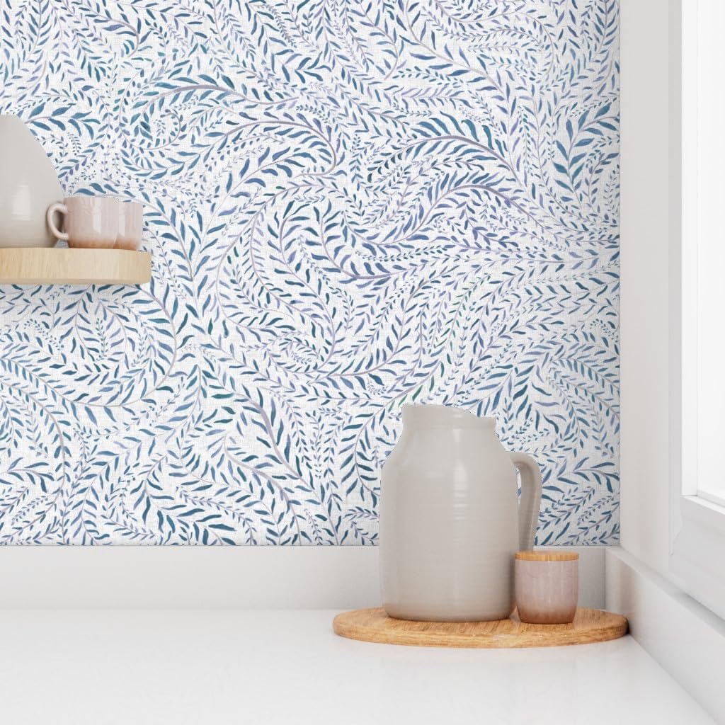 Peel & Stick Wallpaper Swatch - Botanical Leaf,Countryside,Shabby Chic,Blue White,Greenery,Simple Custom Removable Wallpaper by Spoonflower