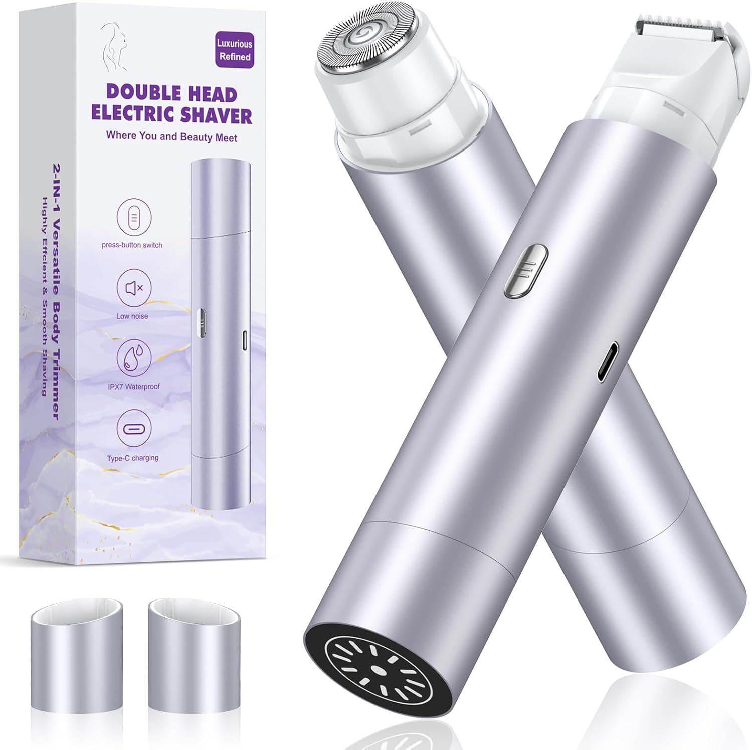 Bikini Trimmer for Women, Dual Head Face Shaver Body Hair Trimmmer, IPX7 Waterproof Womens Electric Razor for Legs, Purple