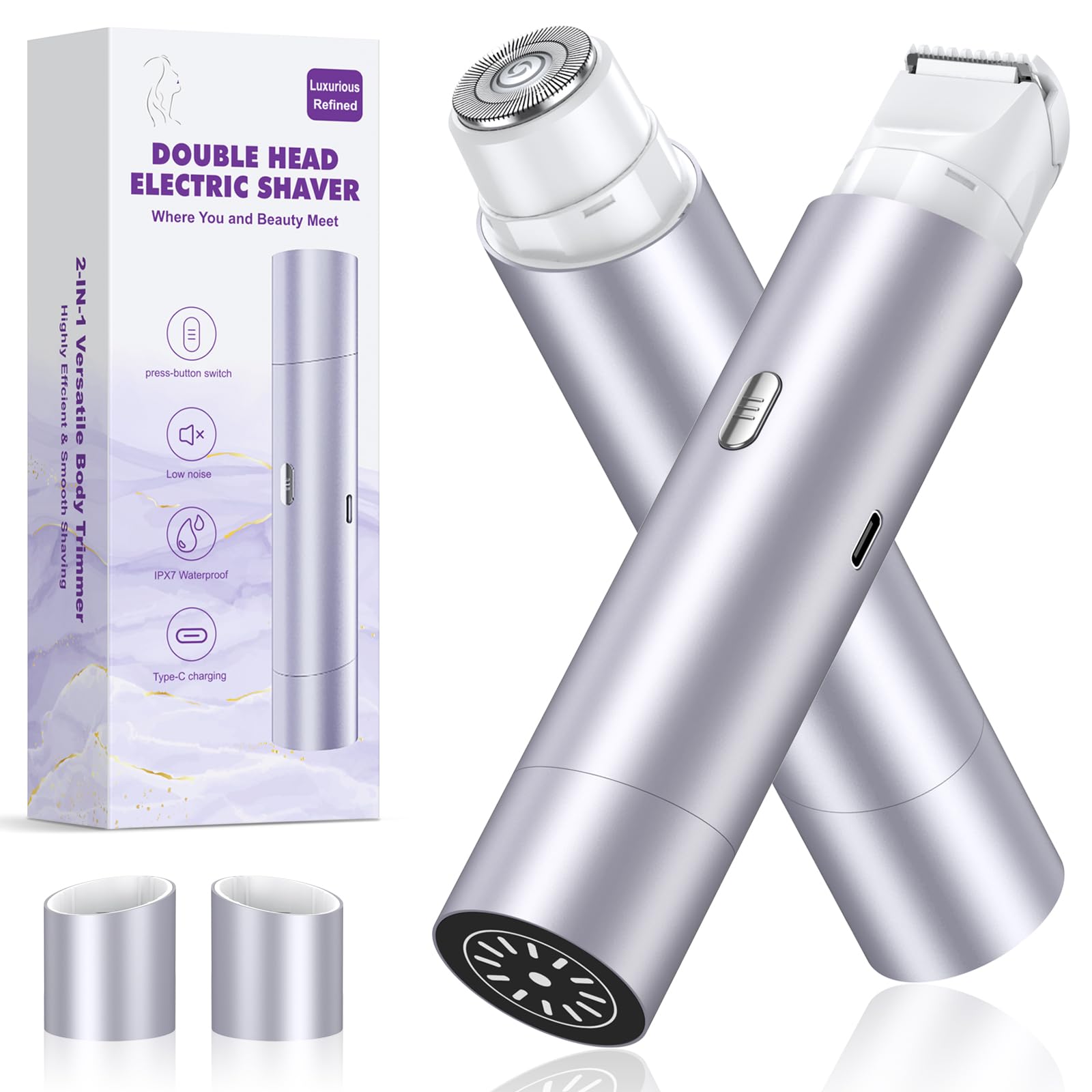 Rasoio per bikini da donna, rasoio elettrico a doppia testa, rasoio elettrico per gambe, impermeabile IPX7, viola chiaro