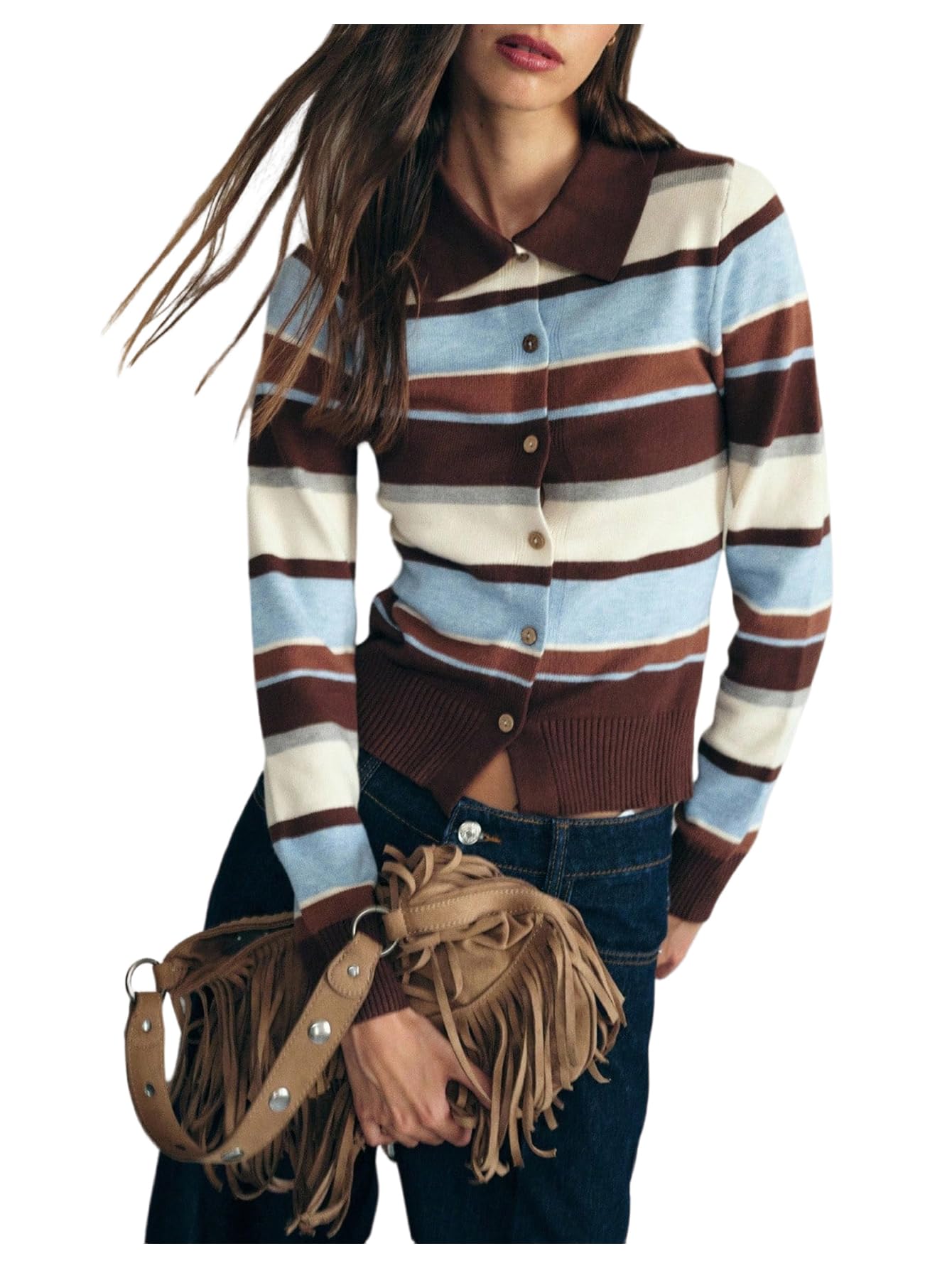 Womens Collared Striped Cardigans Button Down Long Sleeve Cropped Sweaters Preppy Outfits