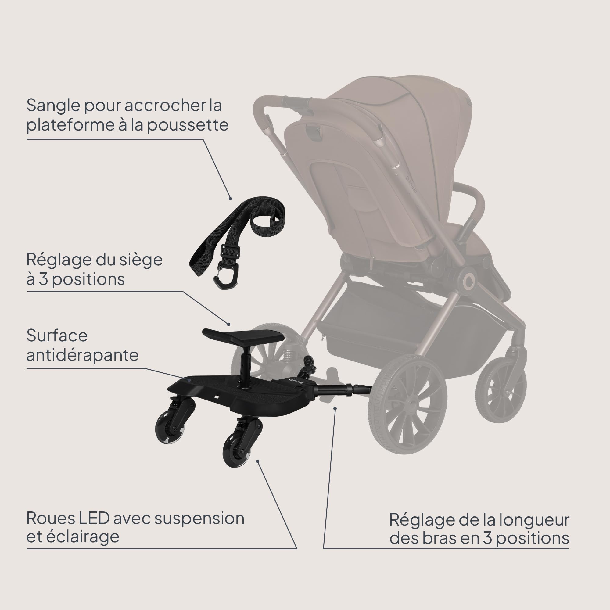 LIONELO Buggy Board Planche 2 en 1 pour poussette avec siège amovible, ajustement universel, absorption des chocs, roues LED, jusqu'à 25 kg, pour enfants de 2 à 5 ans