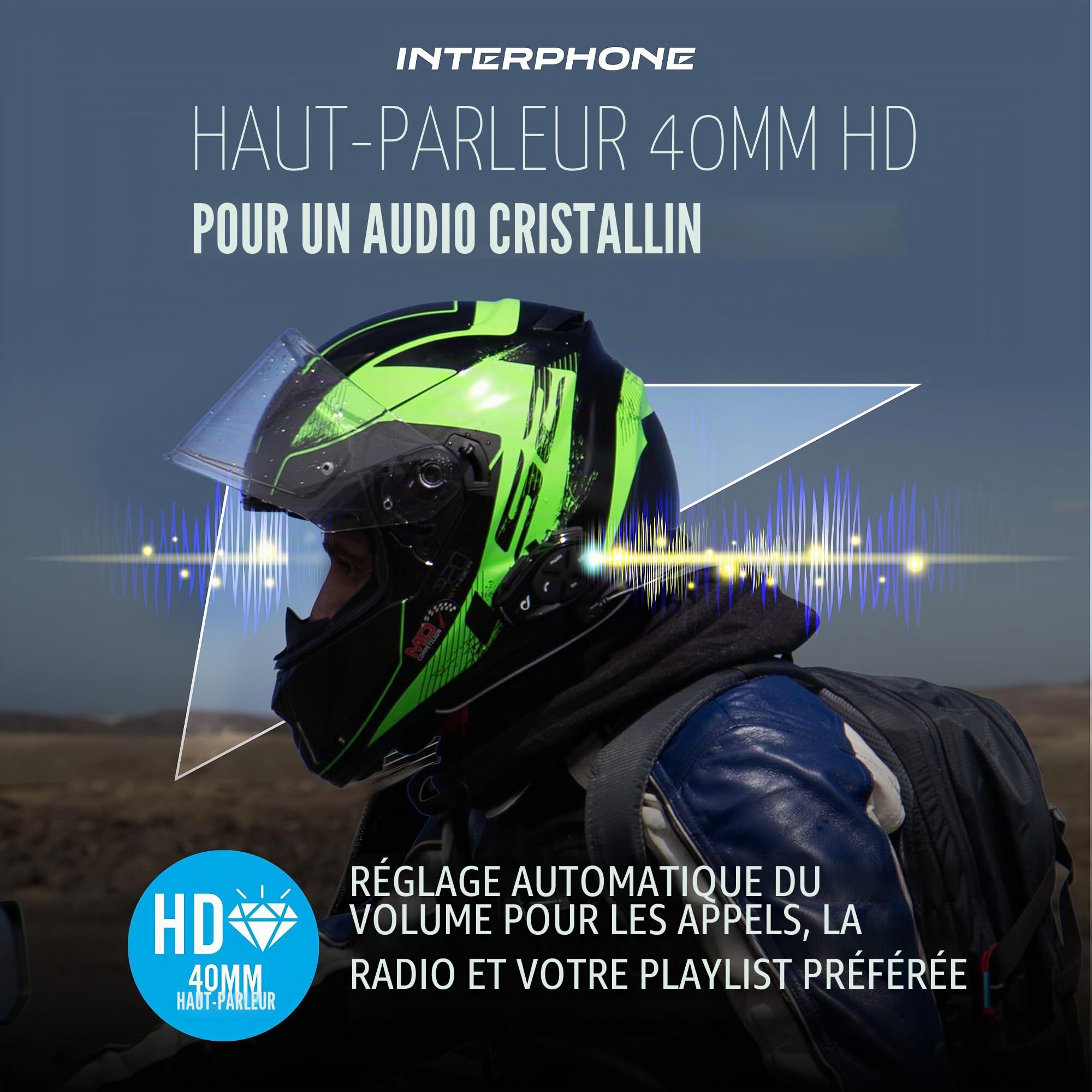 Interphone Sport HD – Double de Casque de Moto avec écouteurs HD HiFi 40, 4 Motards, Distance 1 km, autonomie 20 Heures – Veille 1 000 Heures, TFT, GPS, imperméable, Universel modèle 2024
