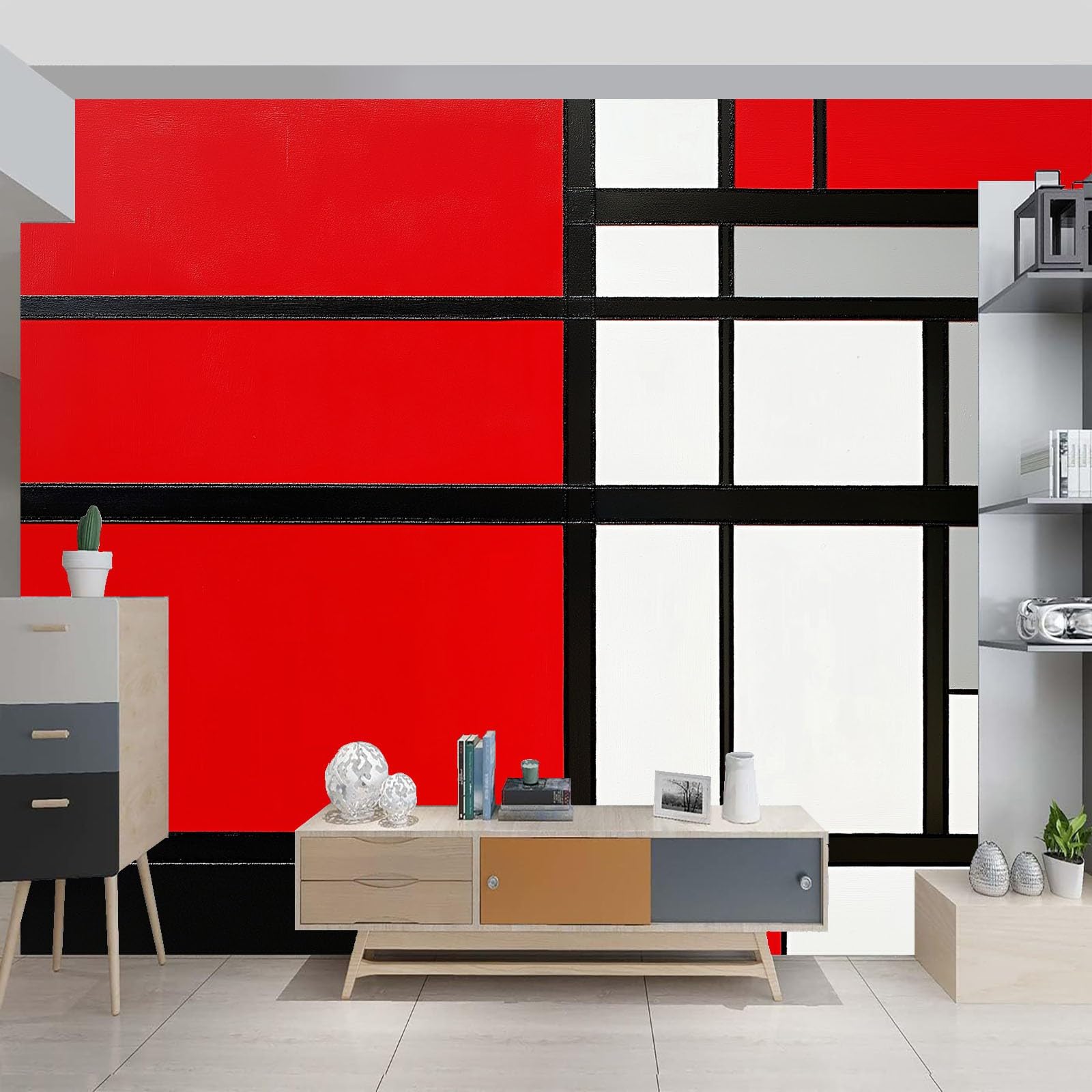 Samoprzylepna tapeta panoramiczna z włókniny, 250 x 175 cm, gigantyczny plakat ścienny w czerwono-białych abstrakcyjnych blokach, druk 3D, dekoracja ścienna do salonu, pokoju dziecięcego