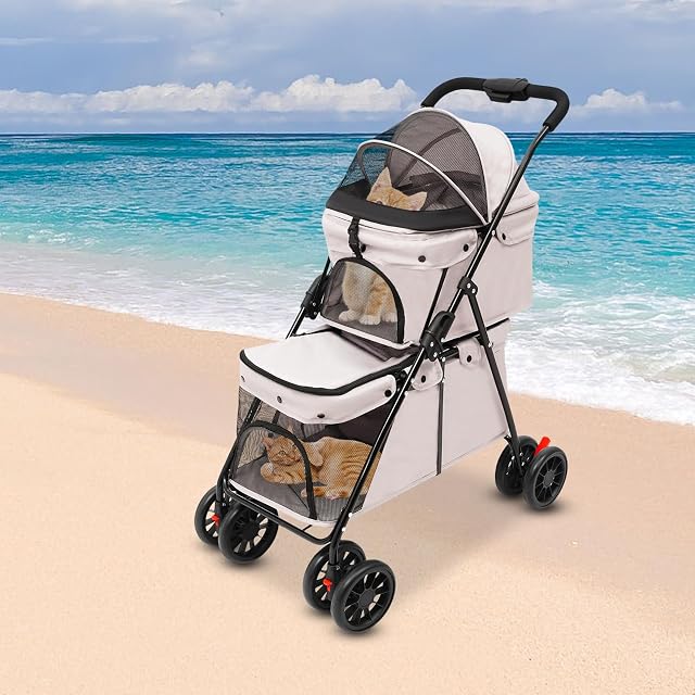 Foto 7 de 8 de Carrito para mascotas de 2 capas para perros y gatos, plegable con ventana de red