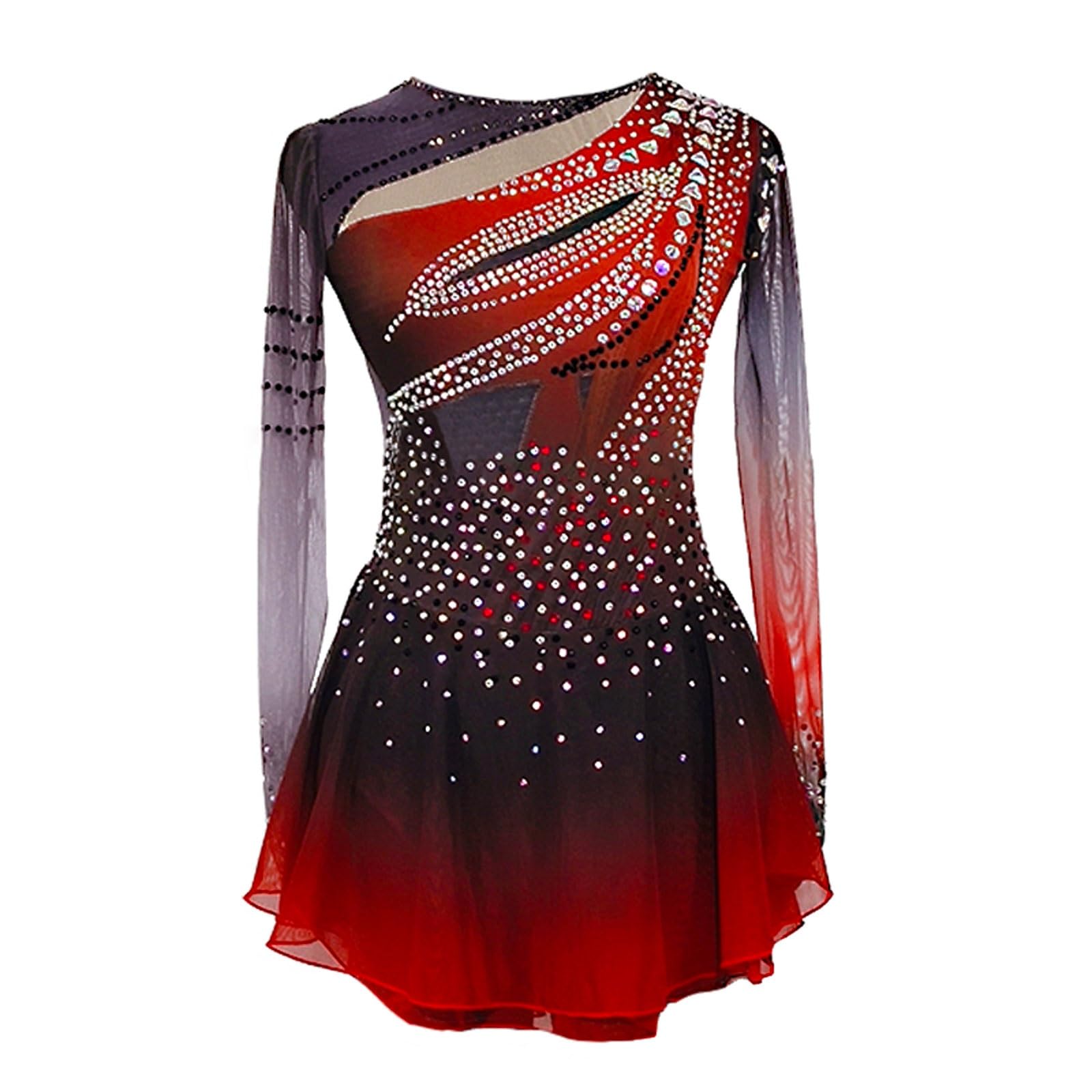 Girl's Long Sleeves Figure Skating Dress, Women's High Elasticity Sparkly Competition Ice Skating Dress(XX-Large) Red