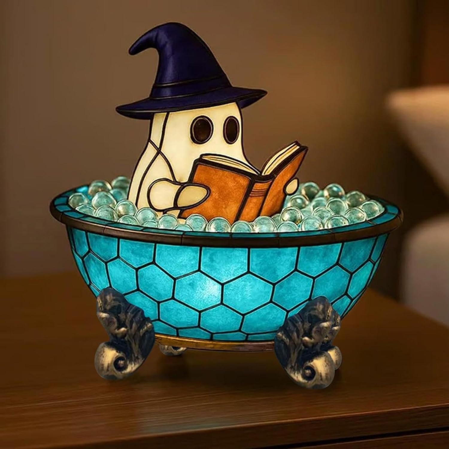 Cute Witch Ghost Bathtub Night Light, Soft LED Light for Reading Book Lamp, Whimsical Spooky Halloween Bedroom Decoration, Indoor Halloween Decor for Party, Nightlight & Gift，Blue