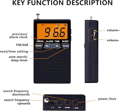 AM FM Pocket Radio,Mini Portable Radio, Battery Operated by 2 AA Batteries with Stereo Earphone, Large Digital Display, Time Display, Digtal Alarm Clock (Black)