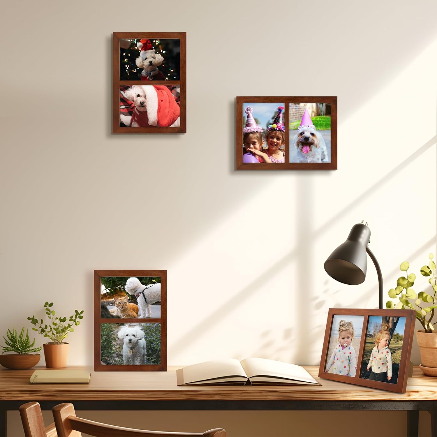Golden State Art, 5x7 Double Picture Frame, Displays Two 5x7 Photos - Solid Wood - Real Glass For Tabletop Or Wall Mounting (Brown, 1 Pack)