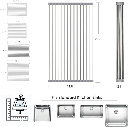 Miniatura 7 de Tomorotec - Escurridor enrollable de platos sobre el fregadero gris, estante grande para secar platos, enrollable, plegable, colapsable, de acero