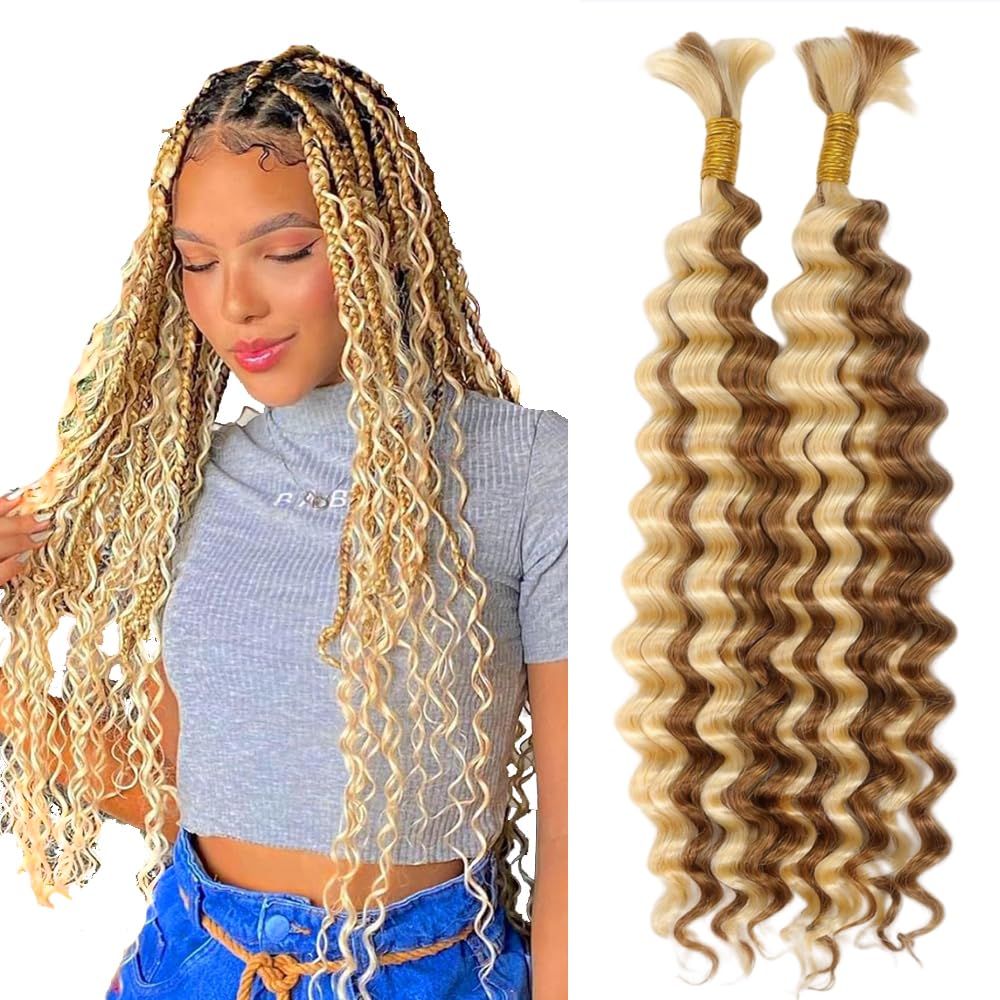 Gsoroel P27/613 Highlight Blonde Boho Braids Human Hair Extensions Honey Blonde Unprocessed Deep Wave Weave 2 Bundles Total 100g No Weft Human Braiding Hair For Women 18 18 Inch