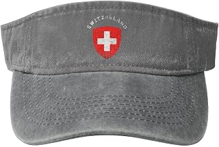 Vintage Swiss Coat of Arms Switzerland Washed Denim Visor Hat for Men & Women, Adjustable Sun Cap with UV Protection Gray