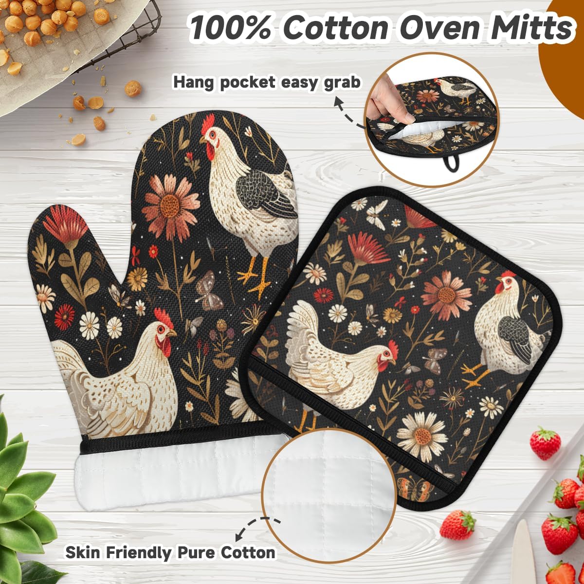 Funny Chicken Pattern Oven Mitts and Pot Holders Sets Heat and Slip Resistant Oven Gloves Kitchen Mitts Hot Pads Gifts for Women Men Kitchen Cooking Baking