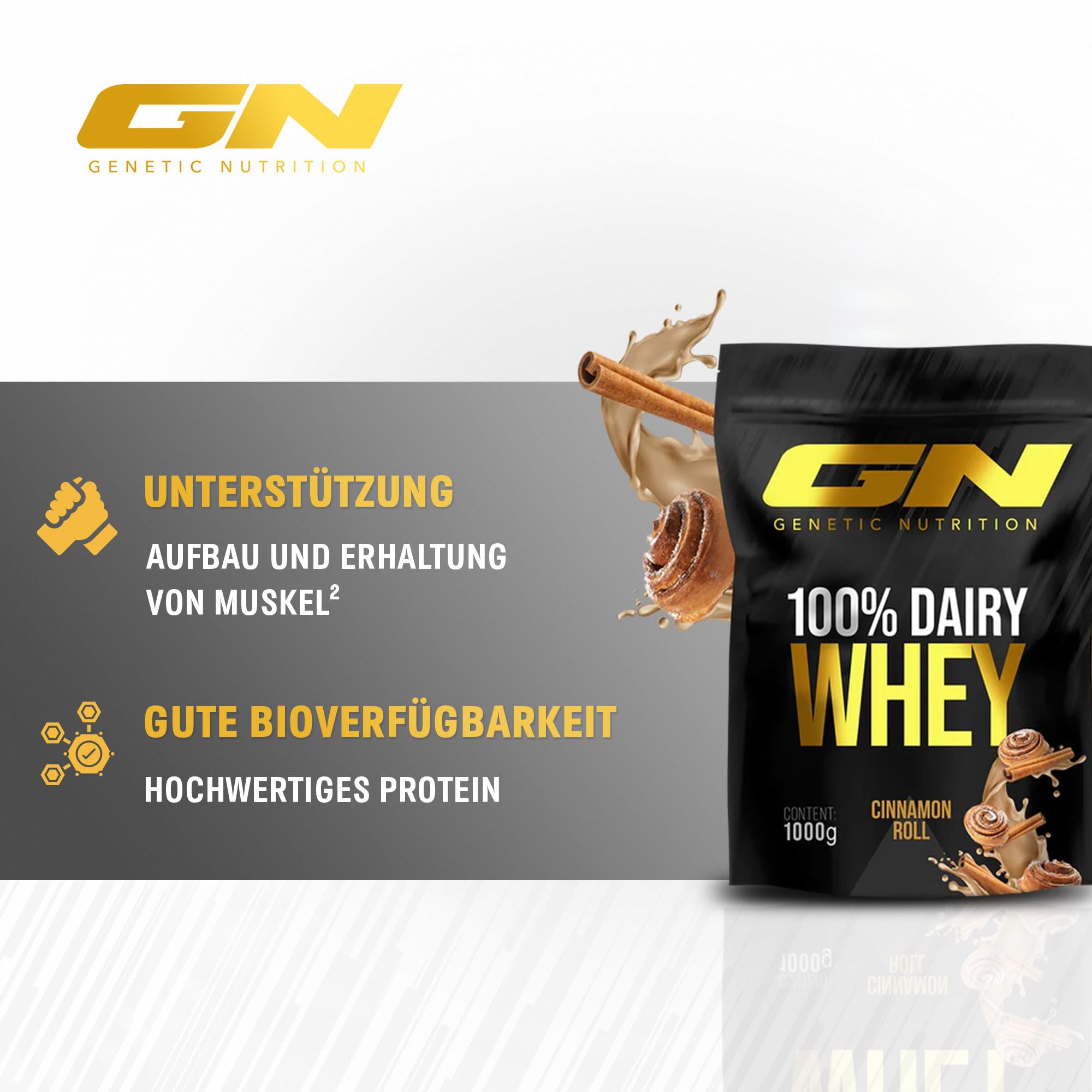 GN Laboratories 100% Dairy Whey Protein w proszku 1 kg (Cinnamon Roll) – białko w proszku z 23 g białka na porcję, idealny do budowy i utrzymania mięśni, sprawdzona jakość – Made in Germany