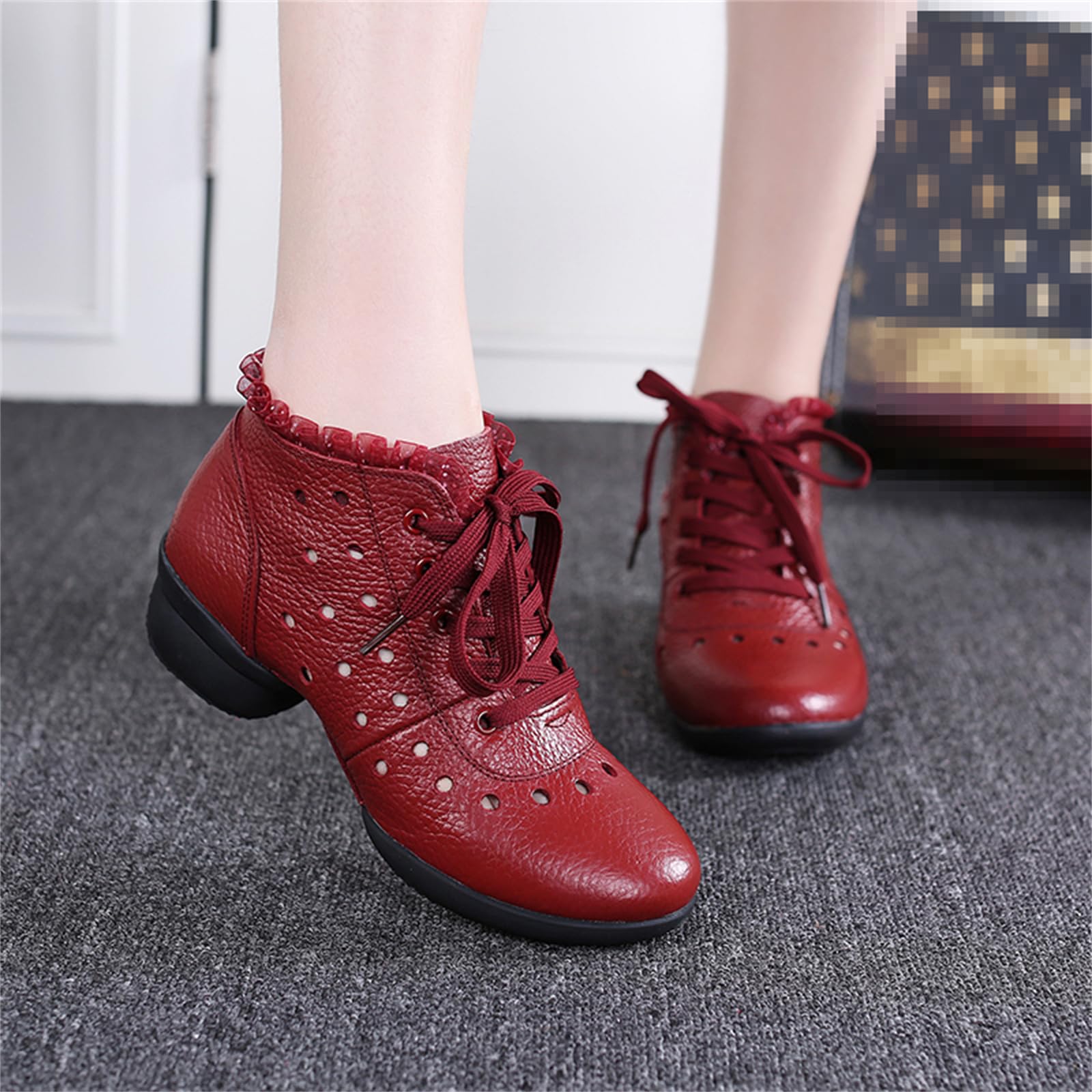 Scarpe da Jazz da Donna Stivali da Ballo in Pelle Tacco Basso Lacci Suola Divisa Stivali da Ballo Latino Moderni da Palcoscenico