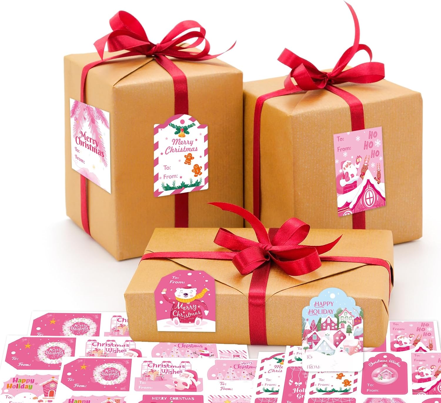 108 Pieces Pink Christmas Gift Tags Stickers,Cute Pink Style Holiday Self Adhesive Labels Paper,Xmas Name Tags Decals for Gift Boxes Wrapping Present Cards Xmas Party Favors Decorations - Image 6