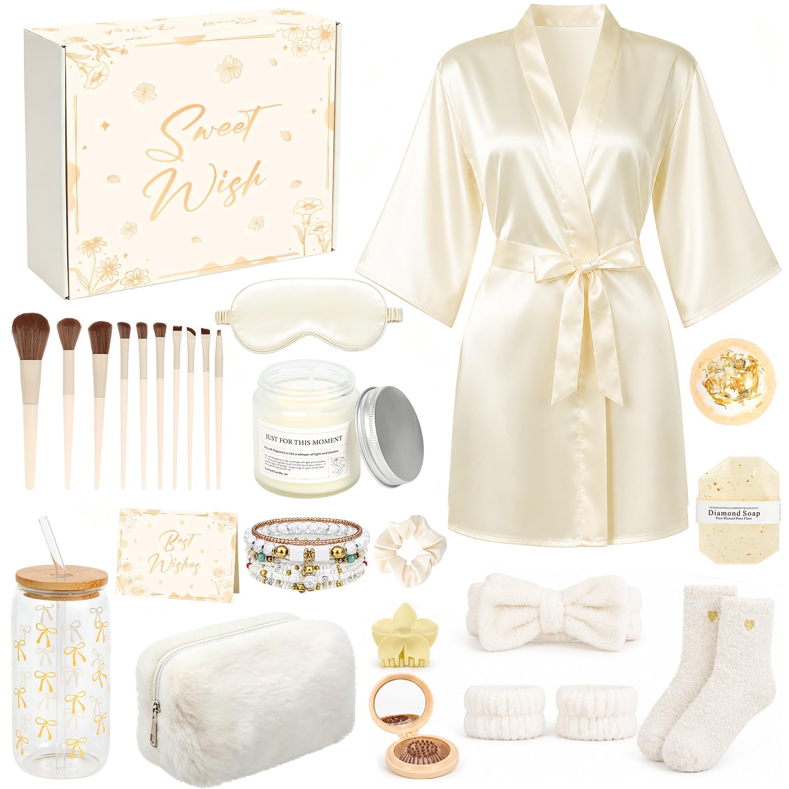 Lot de 17 paniers de spa pour femme - Cadeau d'anniversaire pour femme - Cadeau de remise de diplôme - Ensemble de soins personnels avec peignoir de bain, pinceaux de maquillage, bougie parfumée