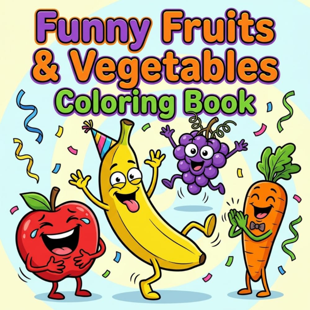 Funny Fruits & Vegetables Coloring Book for Toddlers Ages 2–5: Bold and Easy Big Simple Designs of Silly Food Characters, Cute Smiling Fruits and Vegetables for Boys and Girls