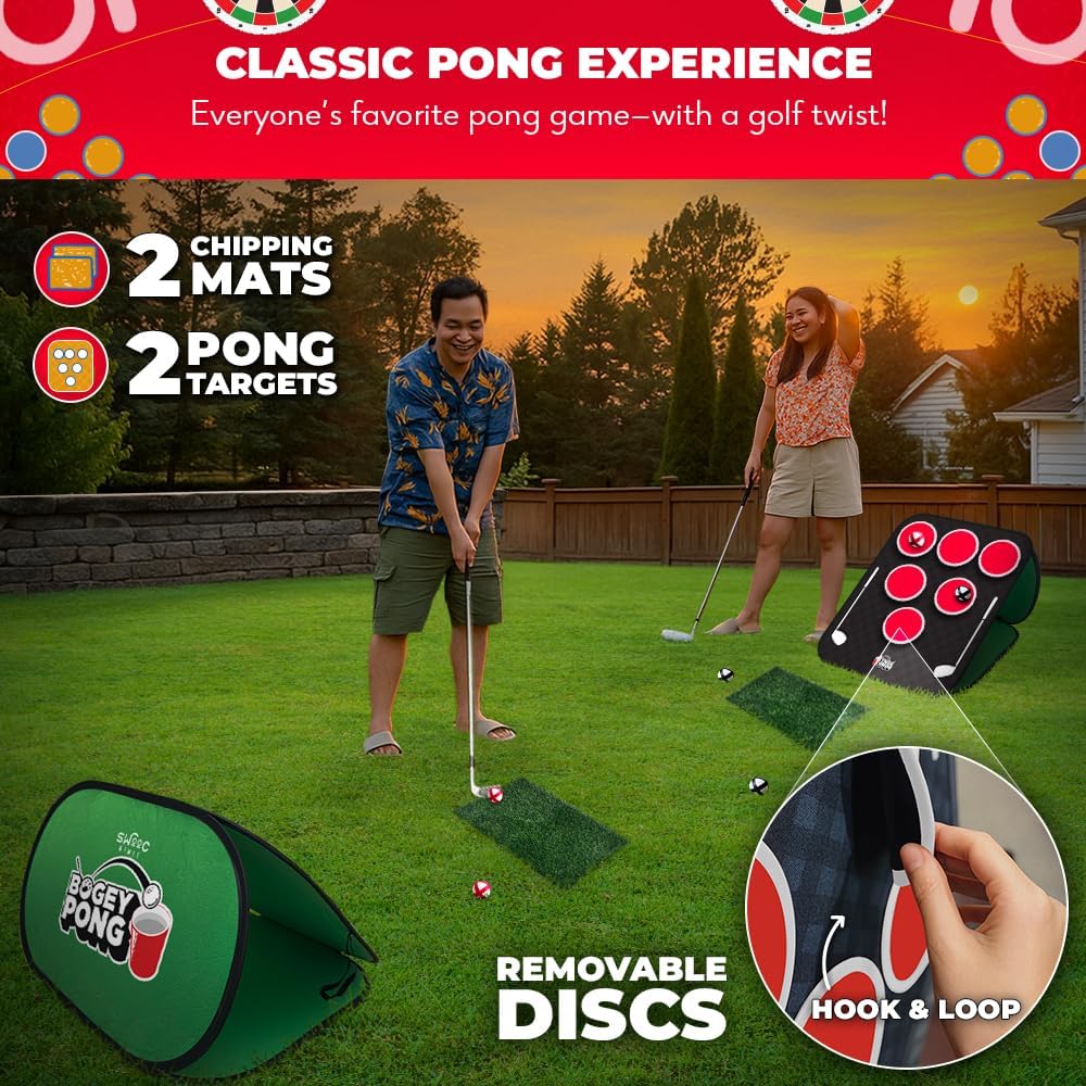 SWOOC Games® – Bogey Pong™ | 3-in-1 Backyard Pong Golf Game Set w/Darts & Tic Tac Toe | Remove Discs for Pong Golf Game Play | Yard Golf Chipping | Backyard Golf Games for Adults, Kids, & Family