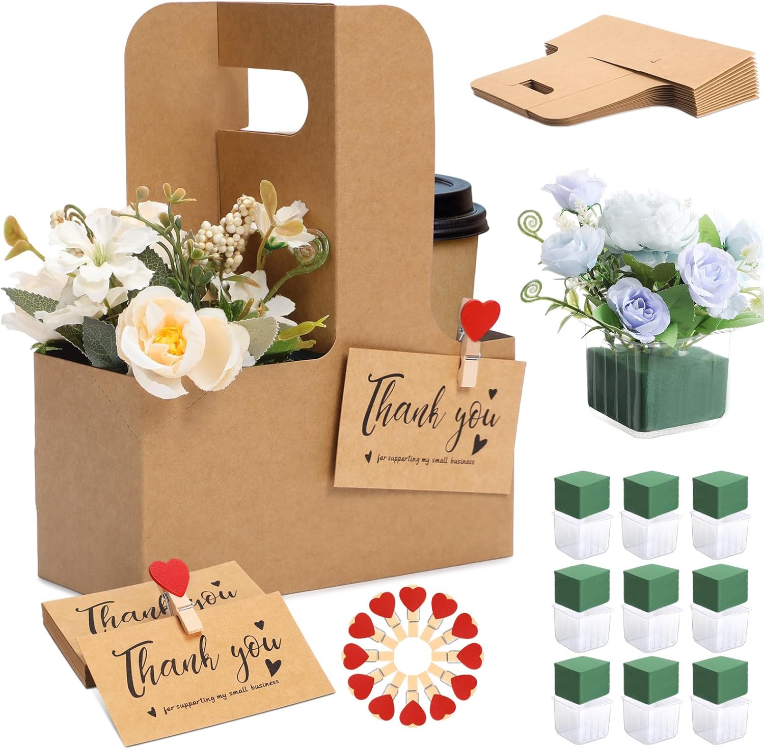 Chunful 24 Set 2 Cup Disposable Drink Carrier with Thank You Card Flower Foam Plastic Liner Clip Cardboard Cup Holder with Handle for Hot Cold Drinks Wedding Valentines Gifts