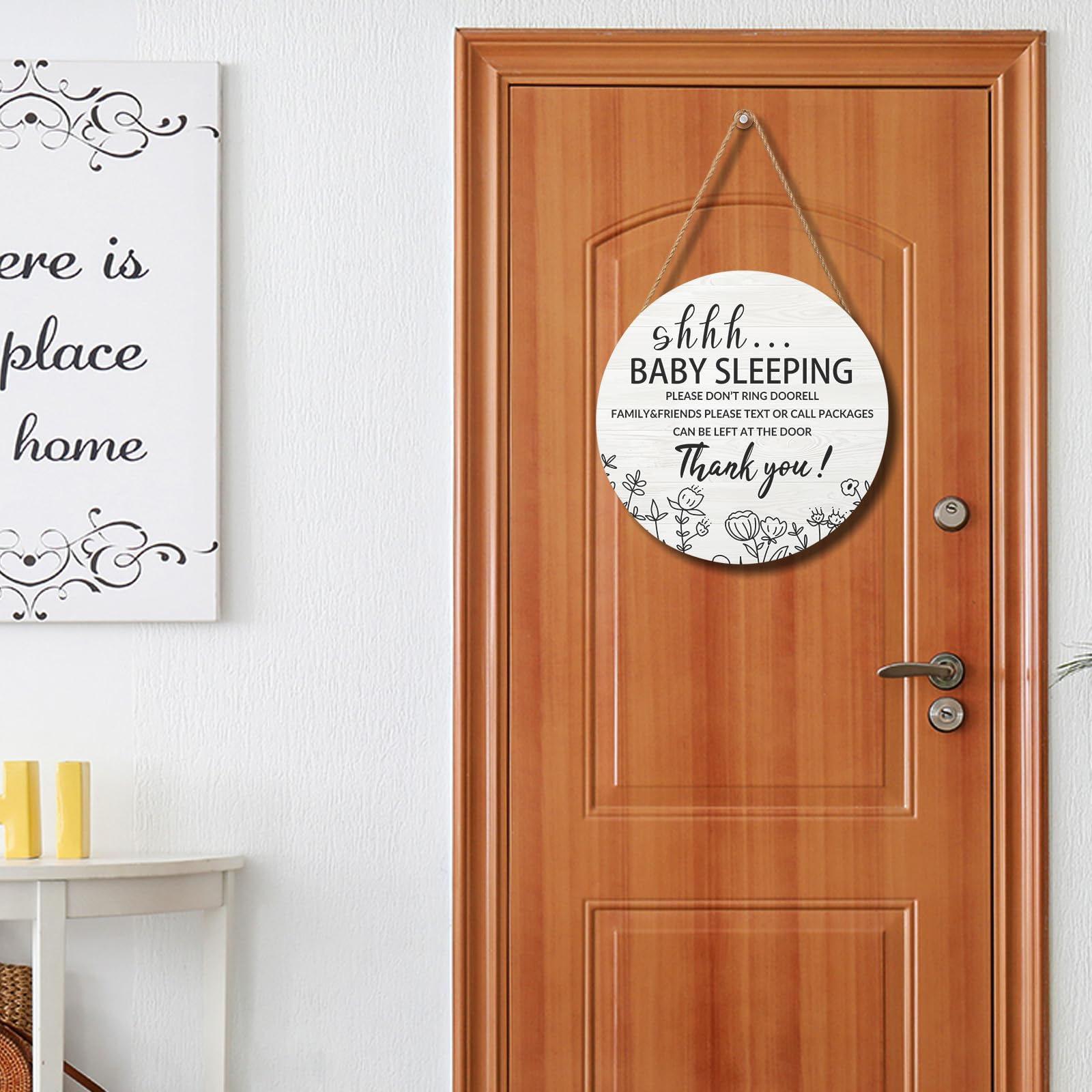 Baby Sleeping Sign For Front Door - 12x12 Inch Wooden Door Hanger, Do Not Ring Doorbell, Rustic Porch Decor