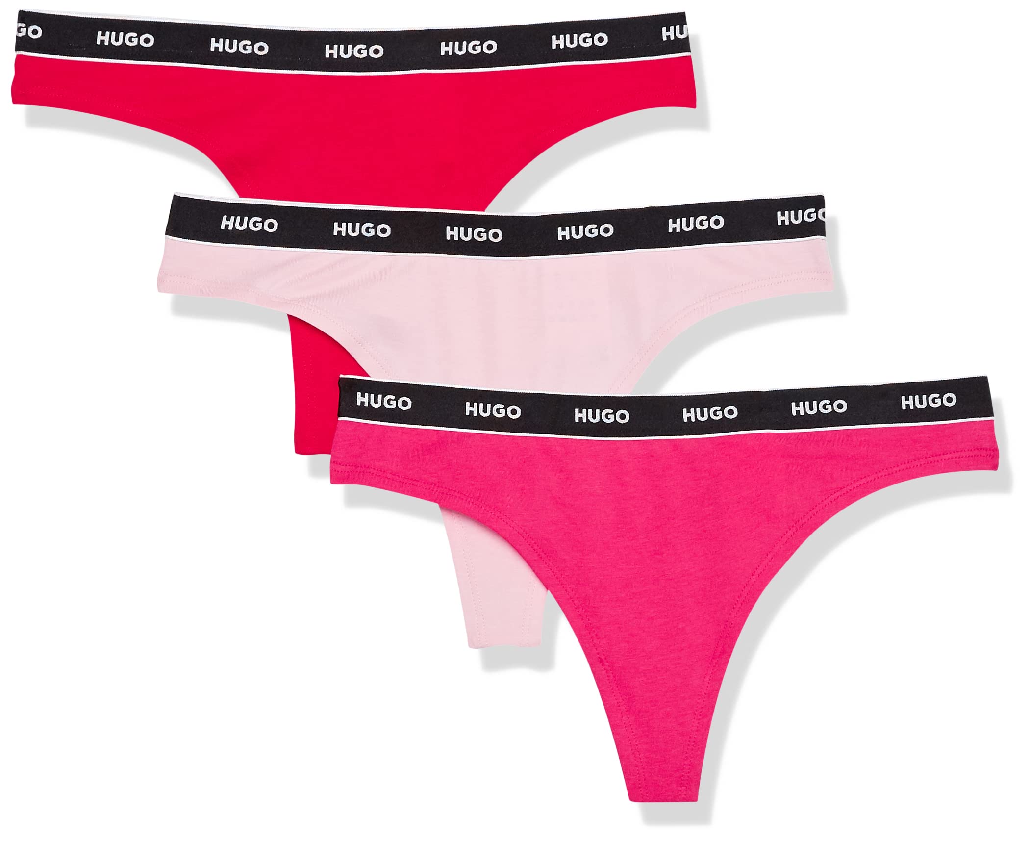 HUGO Women's 3-Pack Repeat Logo Cotton Stretch Thongs Panties, Red/Fuscia/Pale Pink, XL