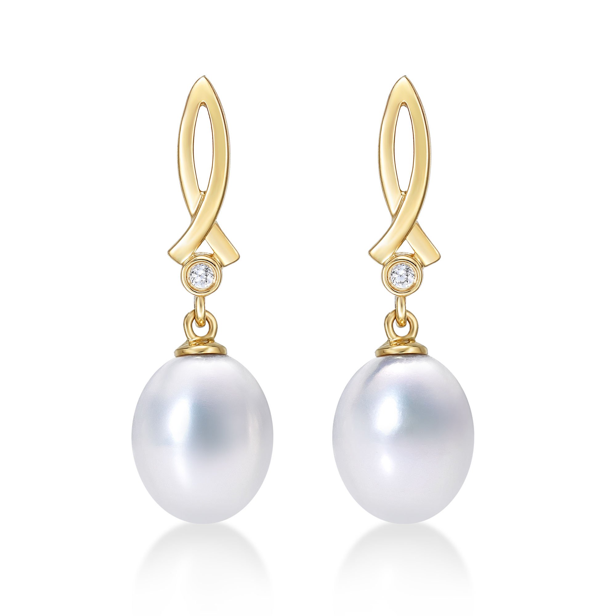 Diamond Treats Boucles d'Oreilles en Perle de Culture en Or 9 Carats, Boucles d'Oreilles Pendantes avec des Perles et Zircons, Boucles d'Oreilles Perles en Or 9ct pour Femme et Jeune Fille