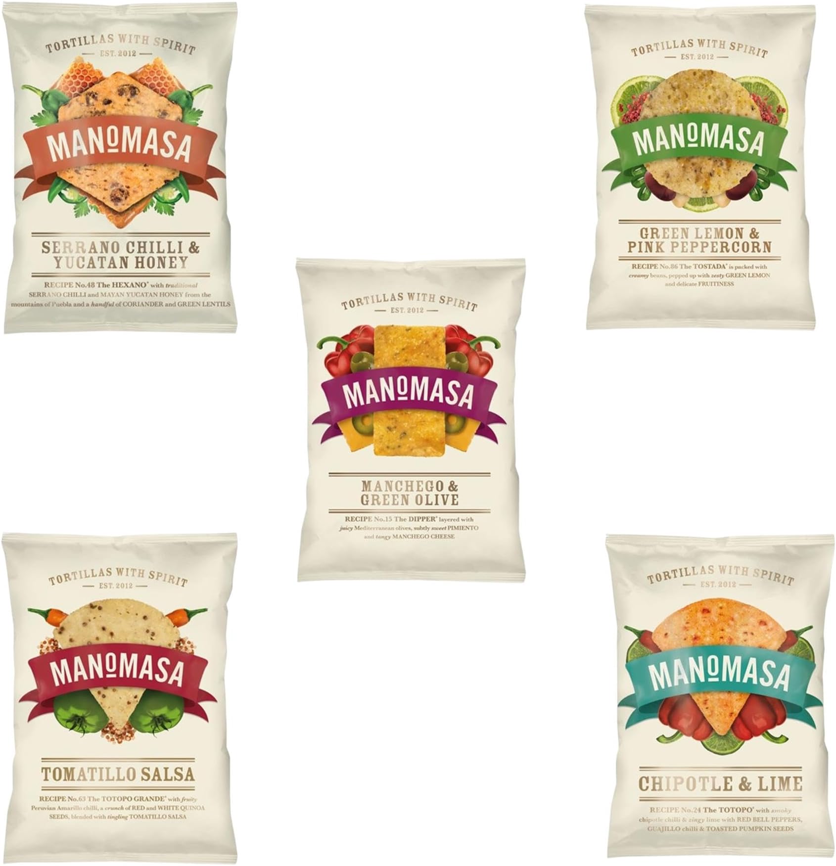 Manomasa Tortilla Chip Pick N Mix - Choose From 5 Flavours | Manchego & Green Olive & Lemon, Serrano Chilli & Yucatan Honey, Tomatillo Salsa, Chipotle Lime Tortillas with Spirit - Pack of 5 x 140g