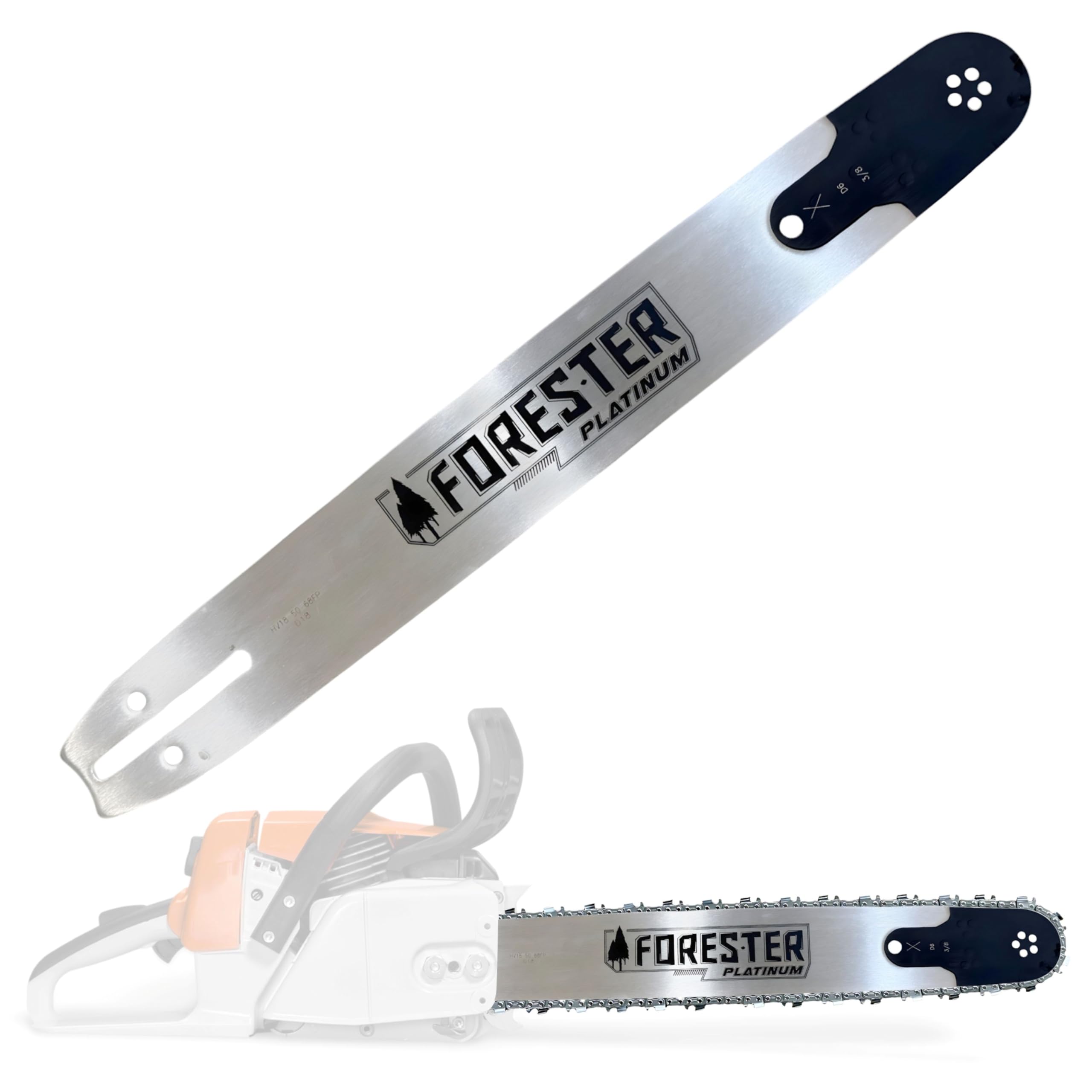 FORESTER 18” Platinum Replacement Chainsaw Guide Bar - 18in Length, 3/8” Pitch, .050 Gauge, D009 Mount, 68 Drive Link – Replacement Chain Saw Parts