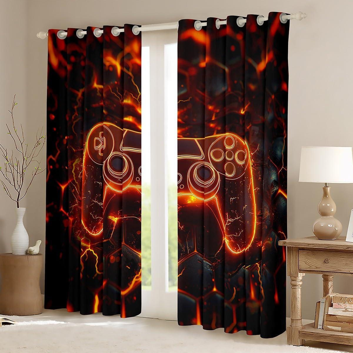 Gaming Gamepad Kids Blackout Curtain,Modern Video Games Controller Window Drapes for Boys Men,Neon Geomotric Honeycomb Hexagon Black Orange Window Treatments Grommet Top 2 Panel Set,38Wx54L inch image 2