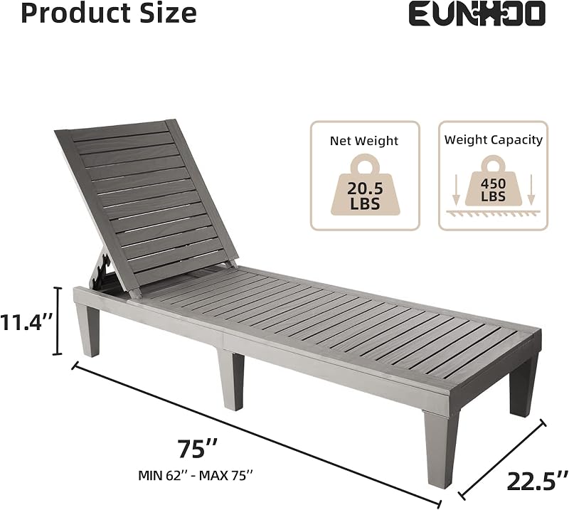 EUNHOO Outdoor Chaise Lounge Set of 2, Adjustable Pool Lounge Chair with 5 Positions Backrest, Waterproof Sun Loungers for Garden Pool Beach Patio Deck Sunbathing image 2