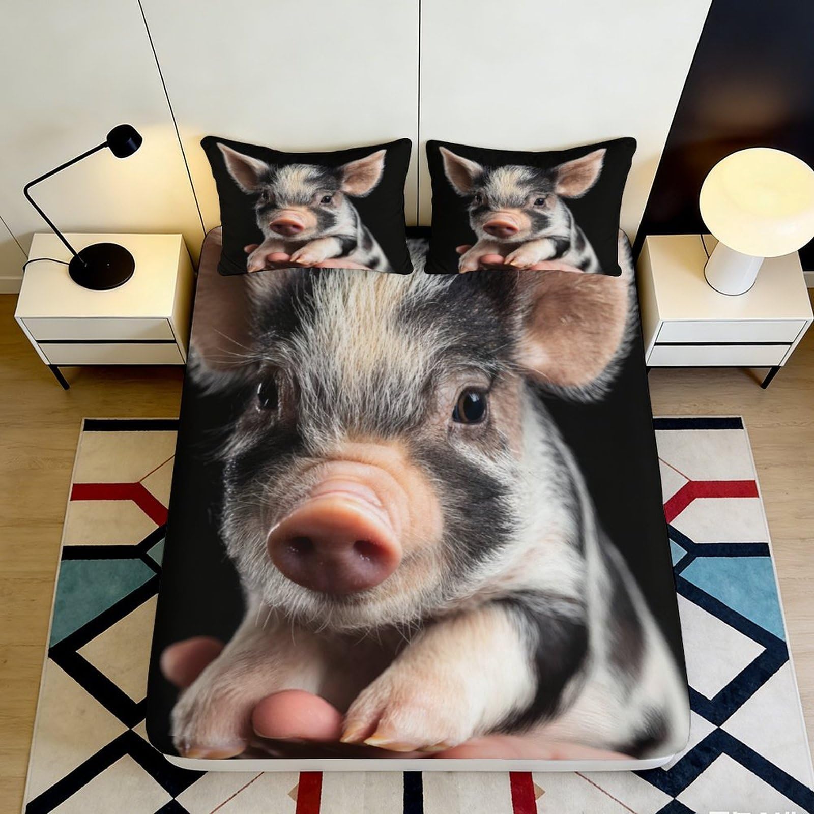 3D Printed Cute Pig Fitted Sheet Microfiber Deep Pocket Non-Slip Pig Mattress Fitted Cover Bedroom Protection Washable 200x200x25cm 90x200x25cm