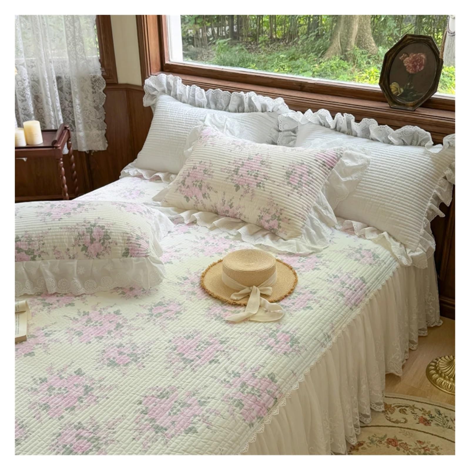 3Pcs Lace Ruffles Quilted Skirt, Mattress Cover Sheet, With Pillowcases, Suitable For 1.2M/1.5/1.8/2M Bed(2,200X220cm 3pcs)
