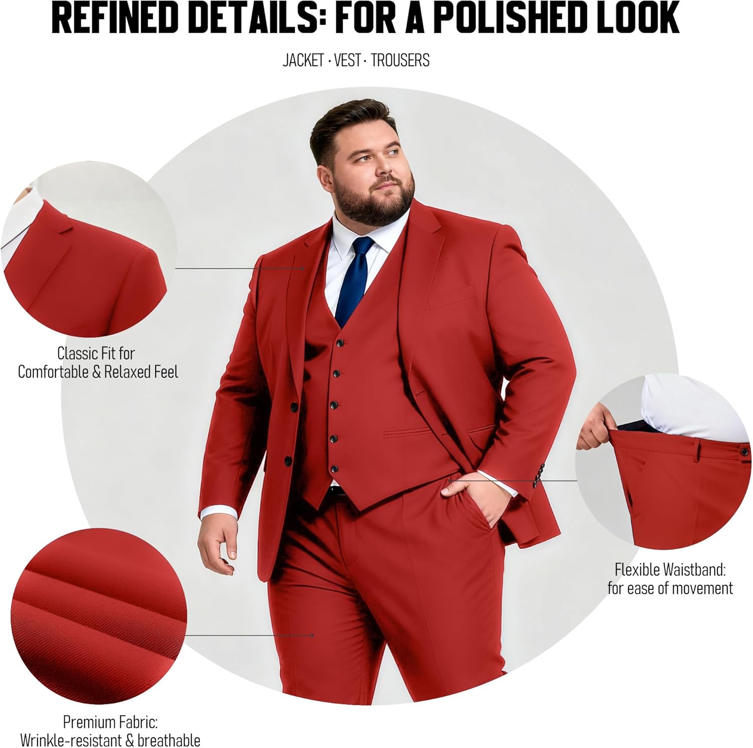 GATMSTZ 3 Piece Suit for Men Big and Tall Classic Fit Men Tuxedo Suit Set Jacket Vest Pants - Image 4