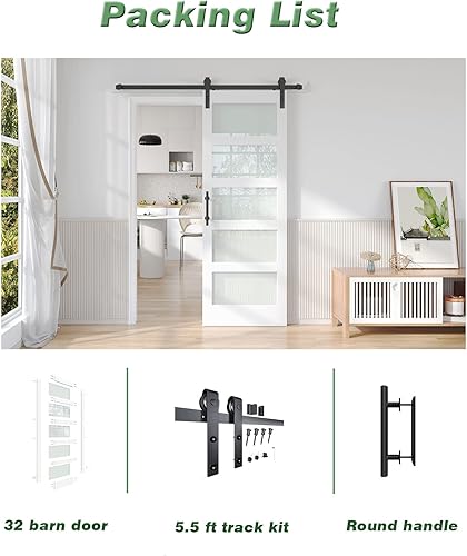 Miniatura 9 de Fredbeck Puerta de granero de vidrio blanco de 32 x 84 pulgadas con kit de herrajes para puerta corredera de 5.5 pies y 66 pulgadas incluido y