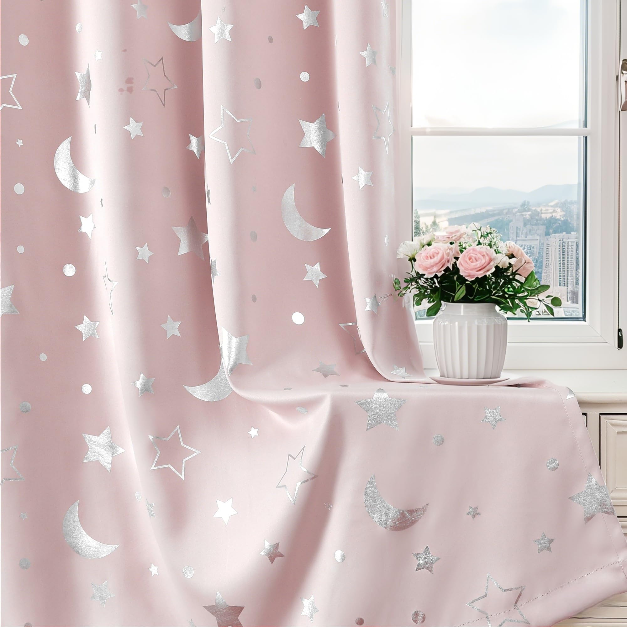 WUBODTI Pink Curtains for Girls Room Star 100% Blackout Kids Bedroom Curtains 63 Inch Length, Cute Silver Space Star and Moon Patterned Thermal Insulated Nursery Drapes, 2 Panel Sets
