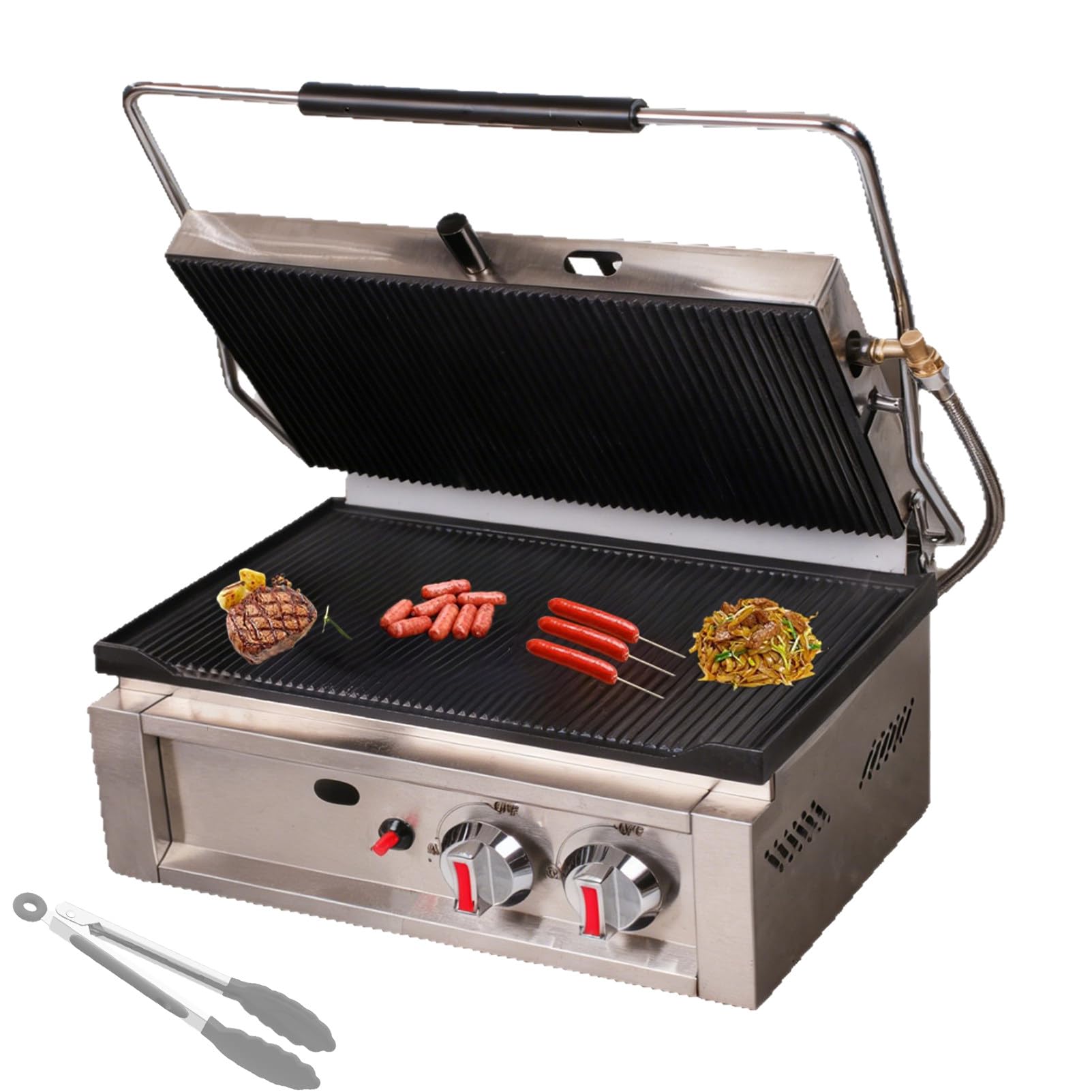 Piastra Elettrica A Contatto,Grill Griglia Panini Professionale, Piastre Rigata in Ghisa Smaltata,3000w,Acciaio Inox,per Cucina Professionale di Bar E Ristorante GasHeating