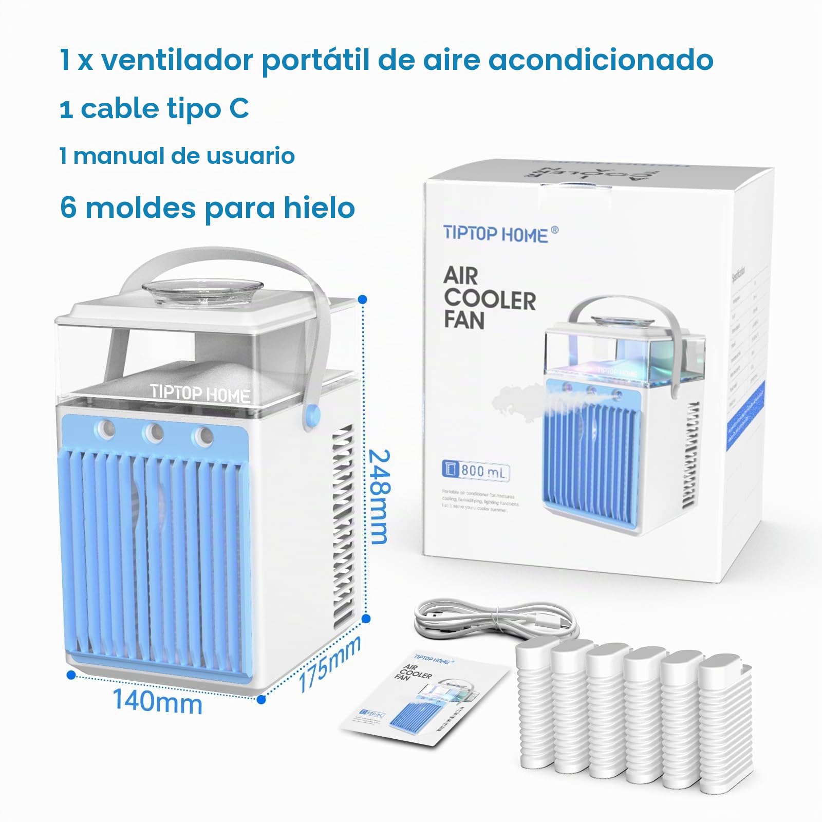 Aire acondicionado portátil, mini ventilador de aire acondicionado 5 en 1 con 3 velocidades, 3 pulverizaciones, control por aplicación y temporizadores, enfriador de aire evaporativo silencioso