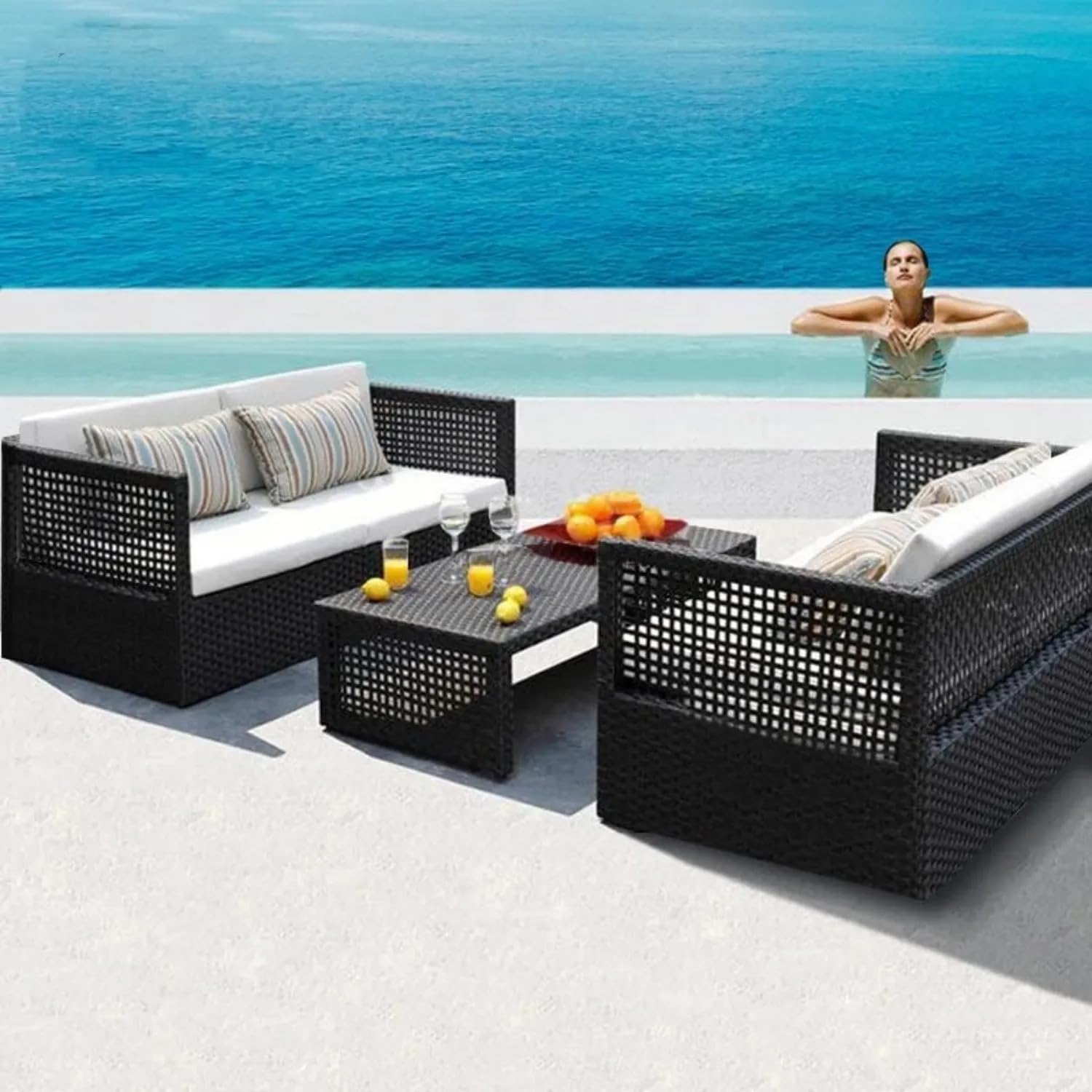 DEVOKO 3 Piece Outdoor All Weather Wicker Rattan Conversation Sofa Set with Center Table for Garden, Pool, Deck, Patio (Black & White)-image-26