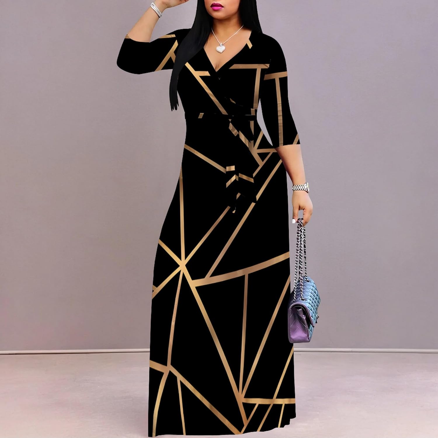 PinkPatty Plus Size Maxi Dresses for Women Casual Flowy Long Dress 3/4 Sleeve V Neck Wrap Dress with Belt - Image 5