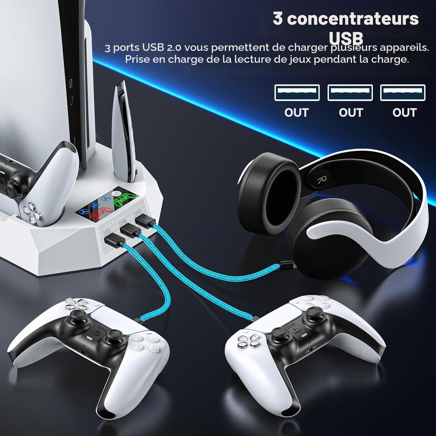 Tokluck Support PS5 pour PS5/PS5 Slim/PS5 Pro, Station de Refroidissement avec Charge à Double Manettes, Ventilateur de Refroidissement à 3 Vitesses avec Casque et 3 Ports USB