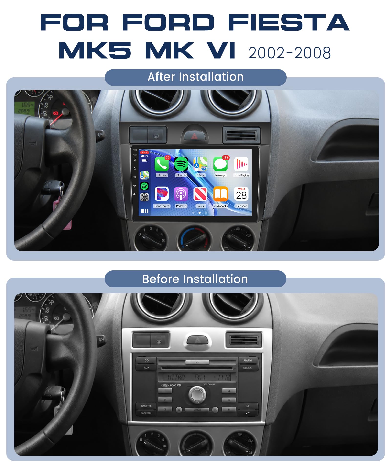 Rimoody Autoradio per Ford Fiesta Mk5 Mk VI 2002-2008 Carplay Wireless, 9 Pollici Touchscreen IPS Radio 2 din con Android Auto, Mirror Link, Bluetooth, FM/RDS, DSP, Comandi al Volante Retrocamera
