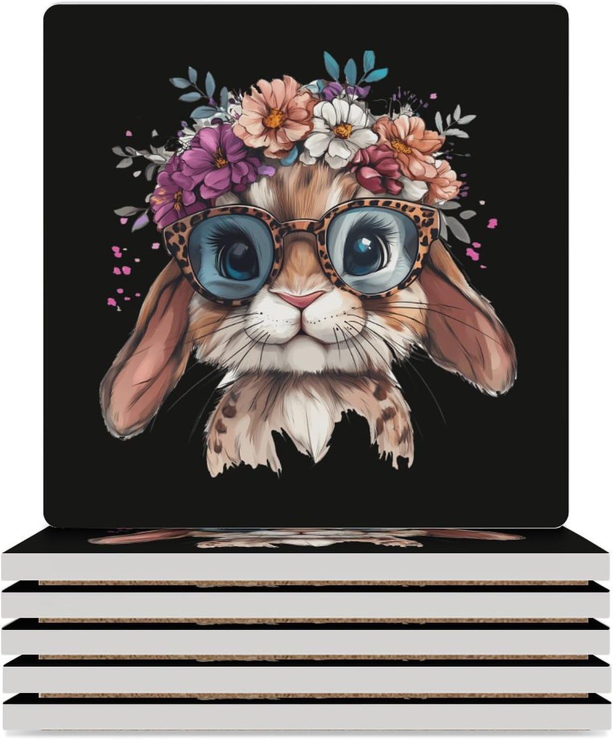 Bunny Leopard Glasses with Flower Crrown Coasters for Drinks Square Ceramic Coasters Cup Mats with Cork Base