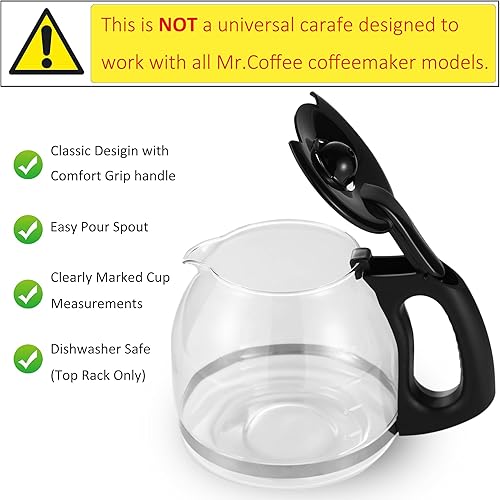 Miniatura 2 de Jarra de repuesto de vidrio de 12 tazas para Mr. Coffee modelo #SK12, SK13, EHX23, JWX31, SJX23, SJX39 (negro, reemplaza PLD12-RB)