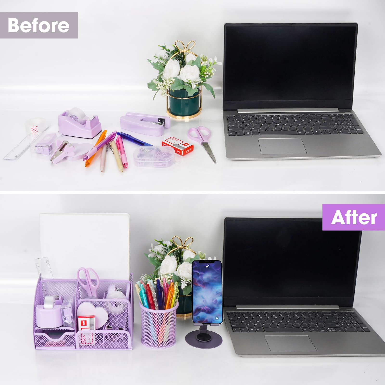 Organisateurs de bureau et accessoires, fournitures de bureau 15 pièces avec agrafeuse, extracteur d'agrafes, porte-stylo, ensemble de clips, distributeur de ruban adhésif, support de téléphone, 1000