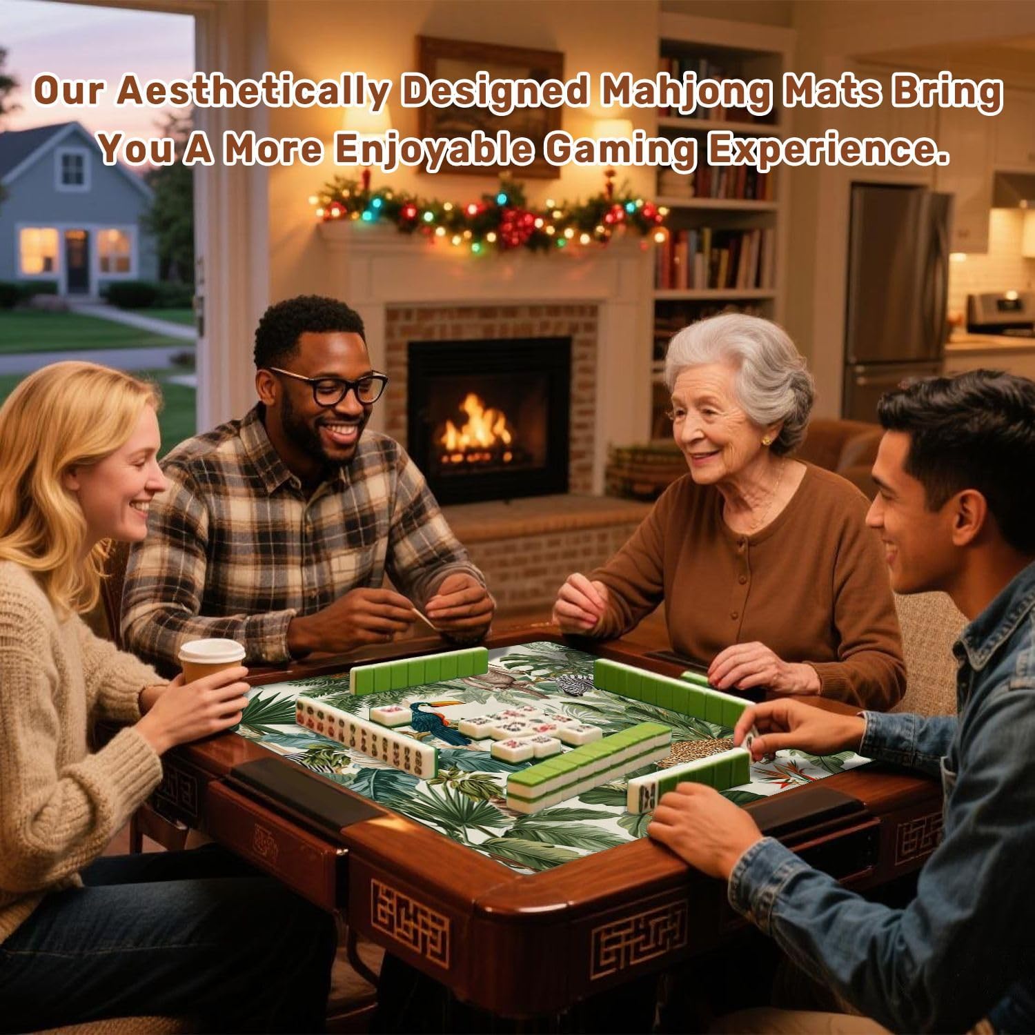 Mahjong Mat 31.5" x 31.5" Seamless Exotic Trees Animals Non-Slip Noise Reduction Mahjong Tiles Table Cover for Dominoes Poker Card Board and Tile Games
