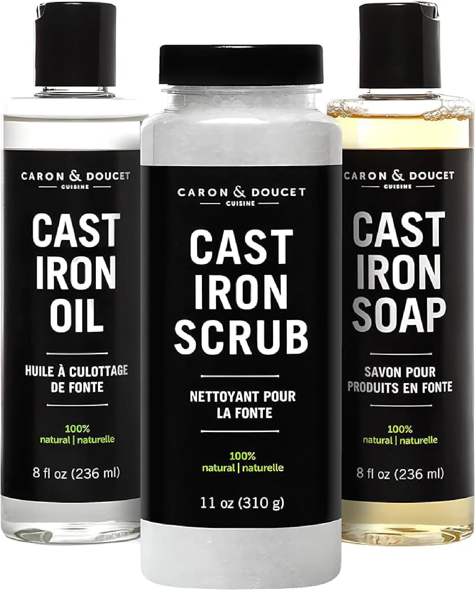 Cast Iron Seasoning Conditioning Ultimate Bundle - Cast Iron Oil, Cast Iron Soap Cast Iron Scrub - 100% Plant Based Formulation - Helps Maintain Seasoning on All Cast Iron Cookware.